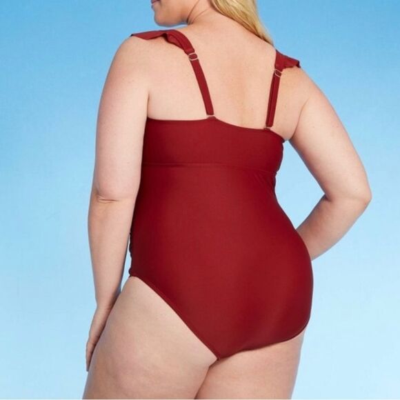 NWT Kona Sol One Piece Swimsuit Size 22W Brick Red Ruffle Strap Ruched Plus Size - Picture 4 of 16